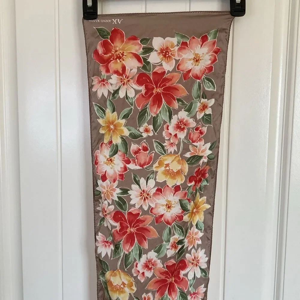 Anne Klein Silk Scarf Floral Coquette Feminine Brown Red Gree Yellow‎ 11x53